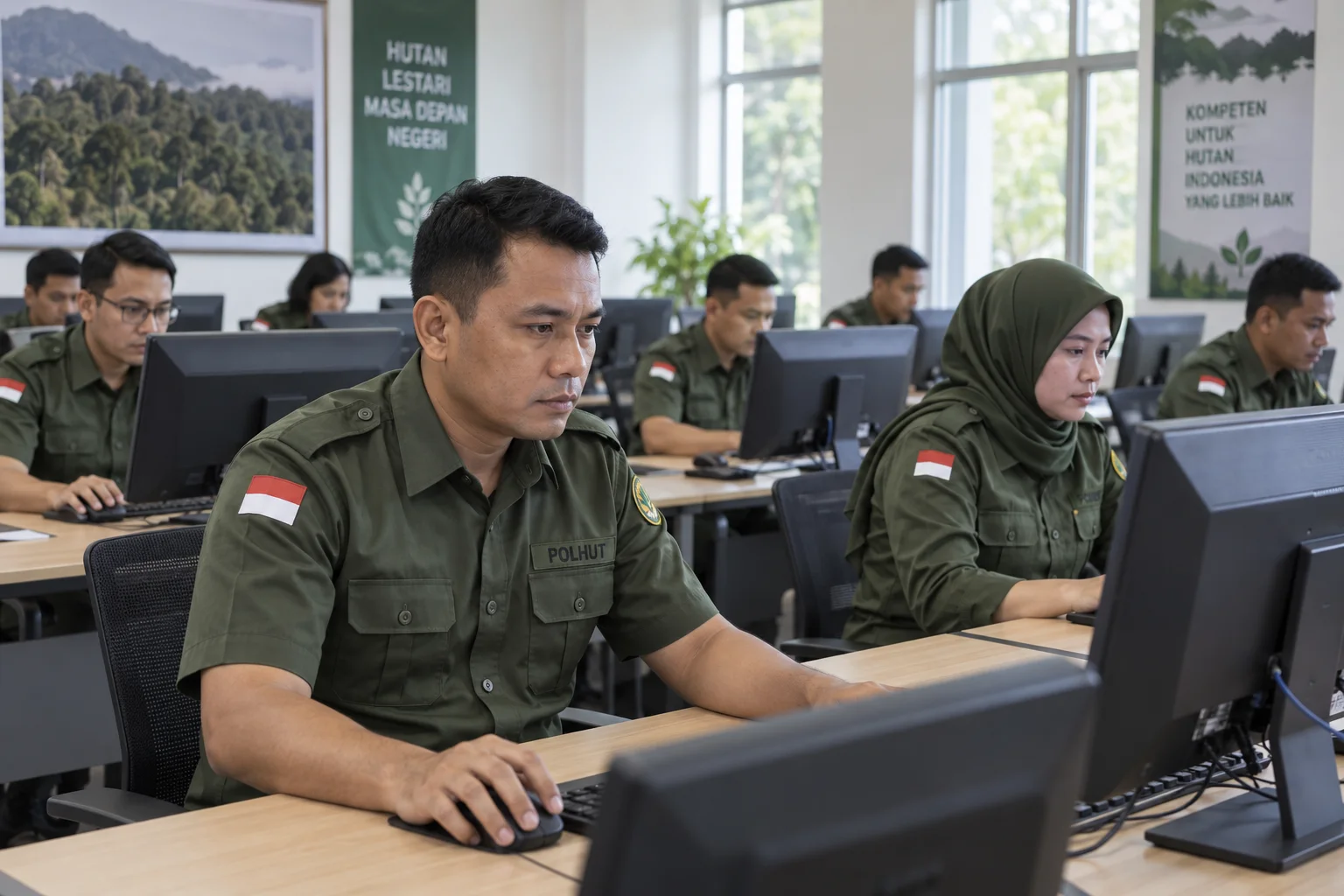 Ilustrasi AI peserta berseragam Polhut mengikuti ujian berbasis komputer